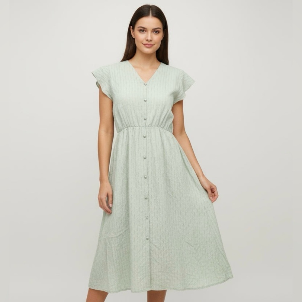 Flutter-Sleeve Mint Green Button-Front Midi Dress